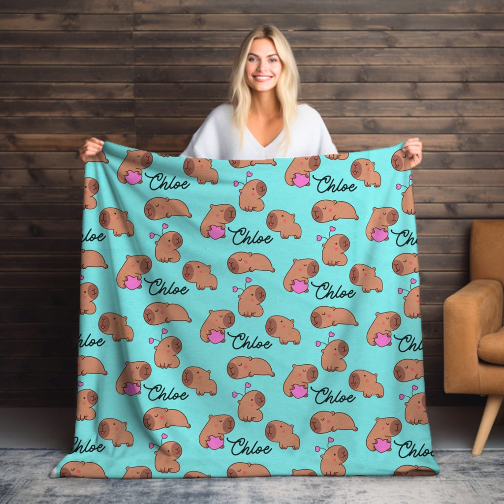 Capybara Blanket Personalized with Name, Custom Capybara Blanket with Cute Capybara Print Animal Blanket Lover Gifts for Girlfriend Girls
