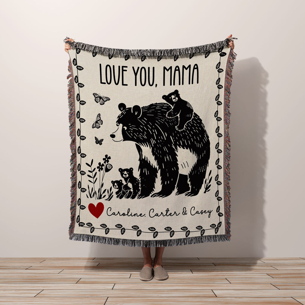 Custom Gift Blanket for Mom, Personalized Mother's Day Gift Idea for Grandma, Oma, Mimi, Momma, Wall Art Tapestry Floral Butterfly Bear Cub