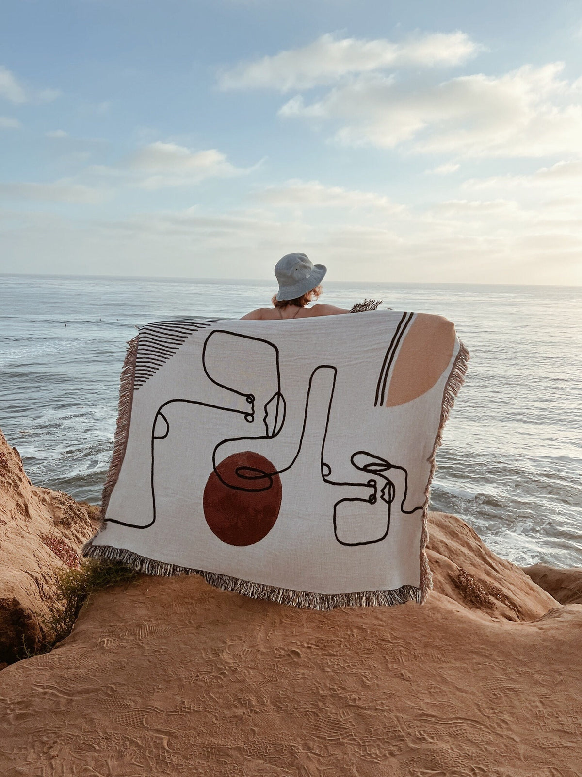 Warm Toned Home Accessory: 100% Cotton Personalized Throw Blanket, Abstract Line Faces Design