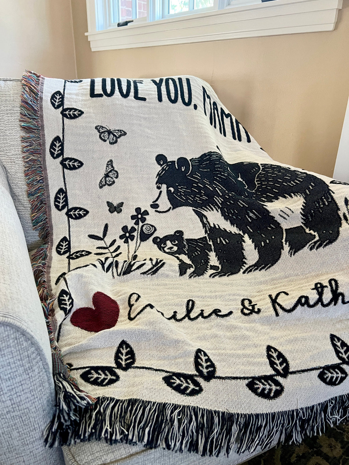 Personalized Mama Bear Cub Blanket, Floral Butterfly Tapestry