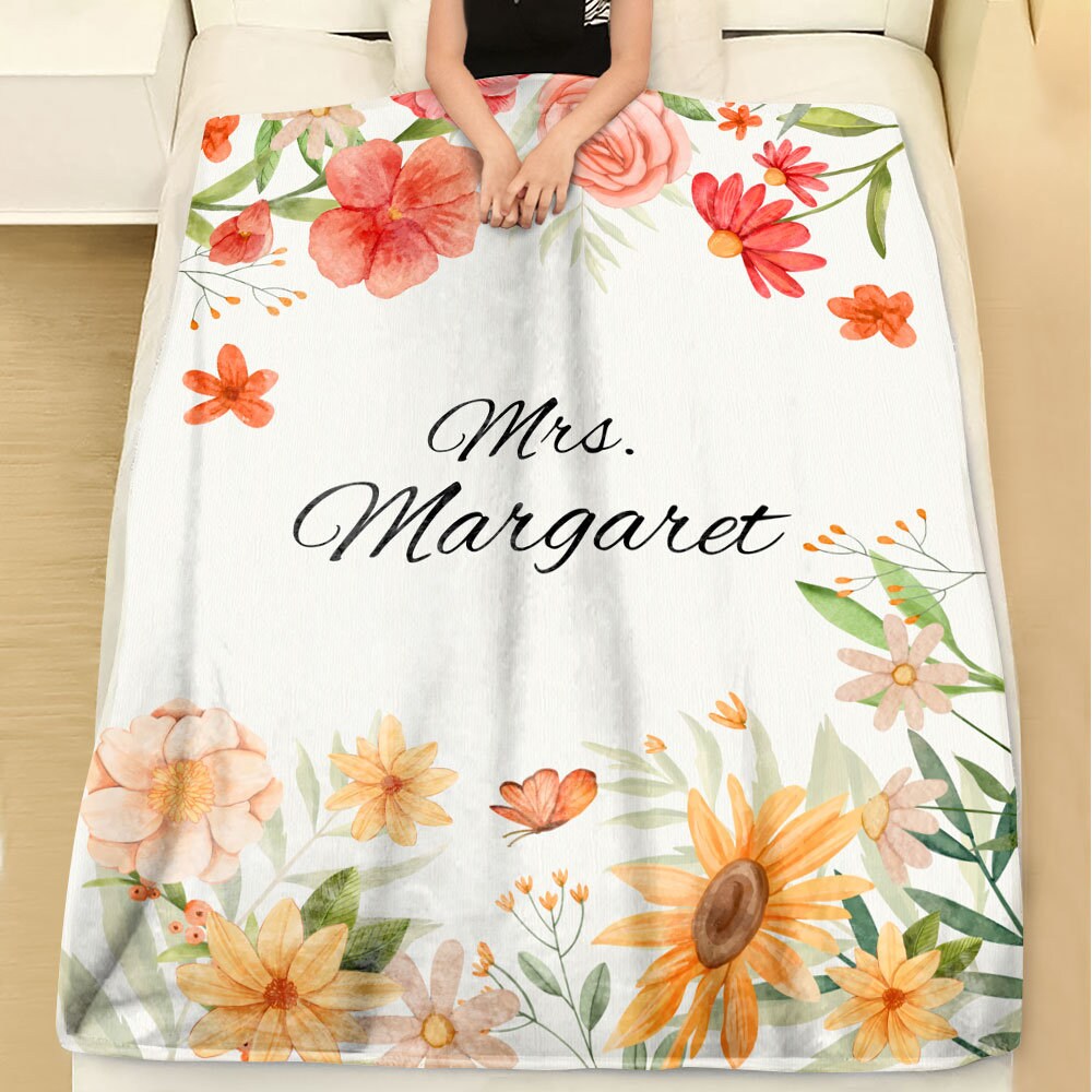Personalized Teacher Blanket, Custom Name Floral Blanket, Flowers Blanket, Teacher Blanket, Gift For Teacher, Teacher Appreciation Gift