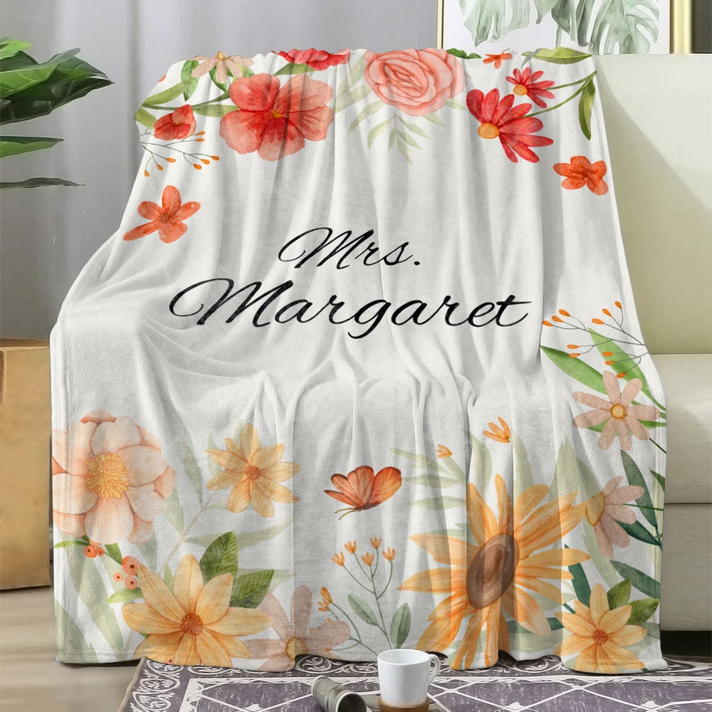 Personalized Teacher Blanket, Custom Name Floral Blanket, Flowers Blanket, Teacher Blanket, Gift For Teacher, Teacher Appreciation Gift