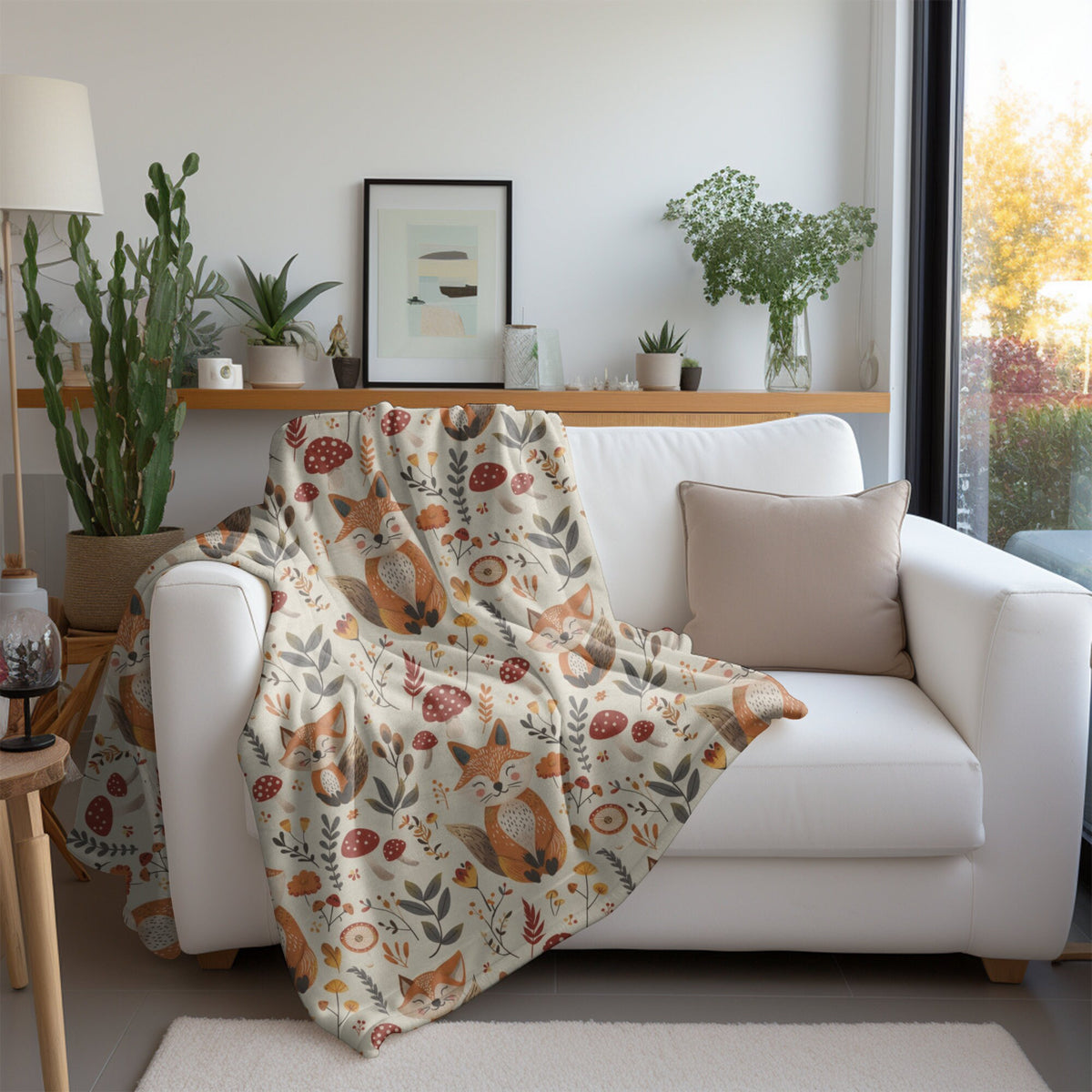 Fox Blanket Fall Home Decor Floral Mushroom Throw Whimsical Forest Fleece Blanket Cottagecore Fox Lover Gift for Mom Friend Family Christmas