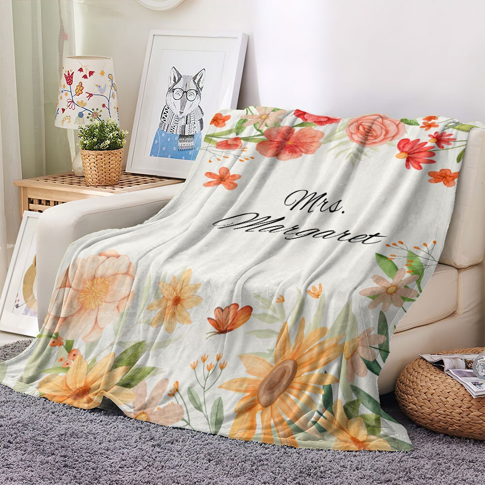 Personalized Teacher Blanket, Custom Name Floral Blanket, Flowers Blanket, Teacher Blanket, Gift For Teacher, Teacher Appreciation Gift