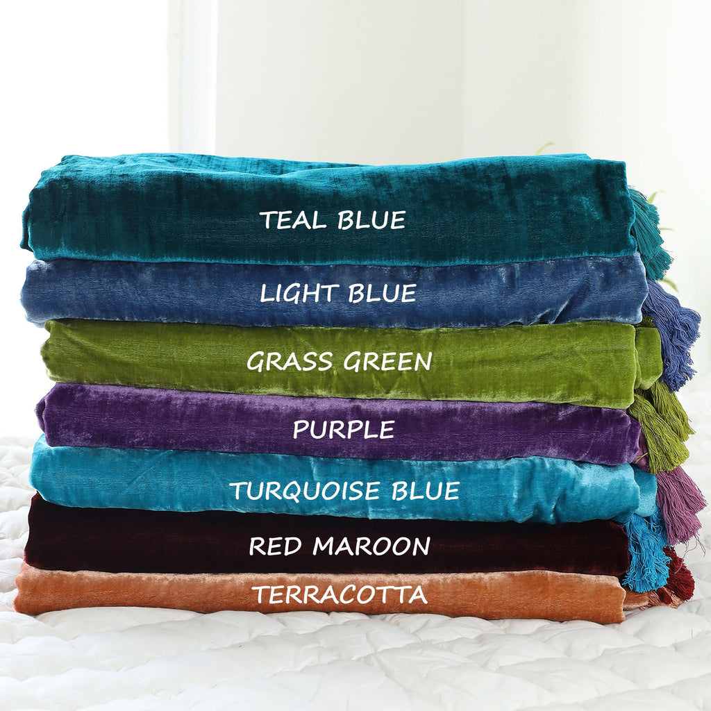 Luxe Velvet Bedspread, Velvet Throw Blanket With Handmade Knotted Tassels Soft Velvet Boho Sofa Throw For Living Room Christmas Gift