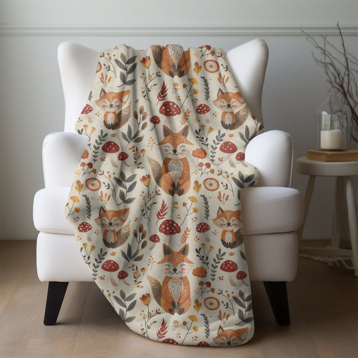 Fox Blanket Fall Home Decor Floral Mushroom Throw Whimsical Forest Fleece Blanket Cottagecore Fox Lover Gift for Mom Friend Family Christmas