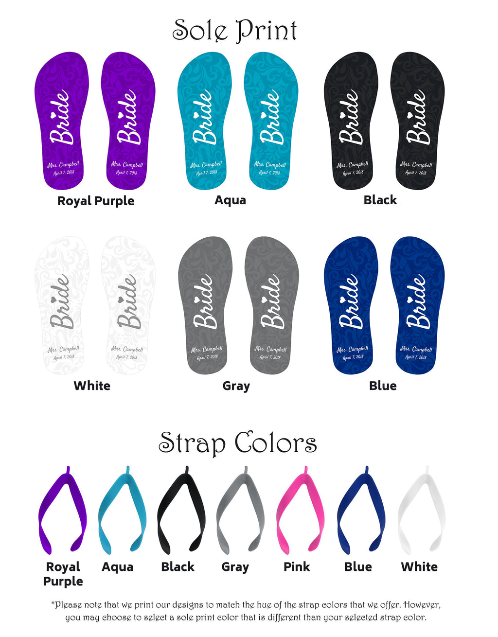 Personalized Bride flip flops - Custom Wedding Sandals with Name / Date, Ivory Bottom Soles