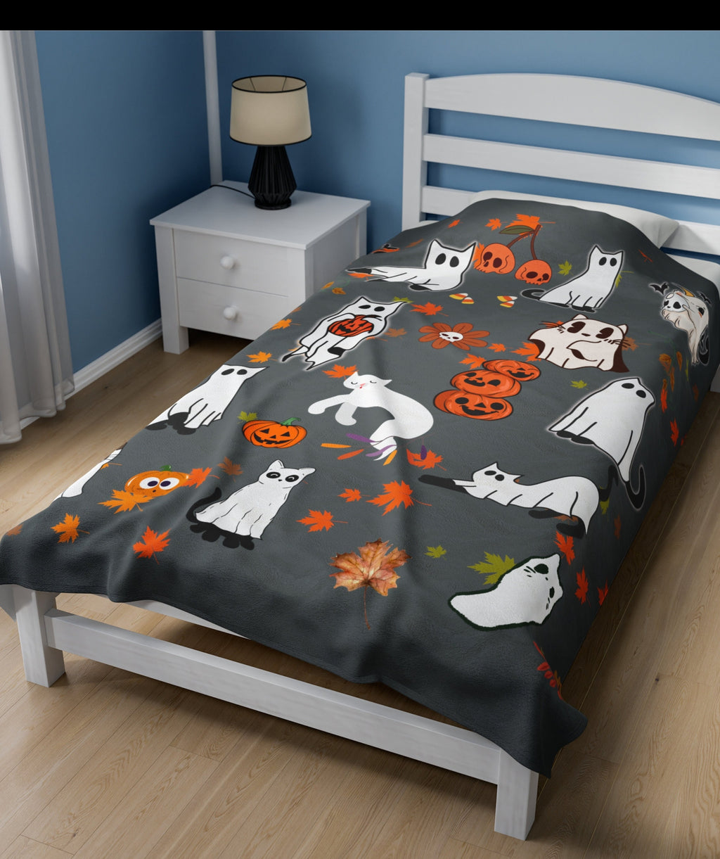 Halloween Ghost Cat Blanket, Cute Spooky Cat Throw Blanket, Cozy Fall Halloween Decor, Gothic Cat Lover Gift, Soft Plush Autumn Blanket