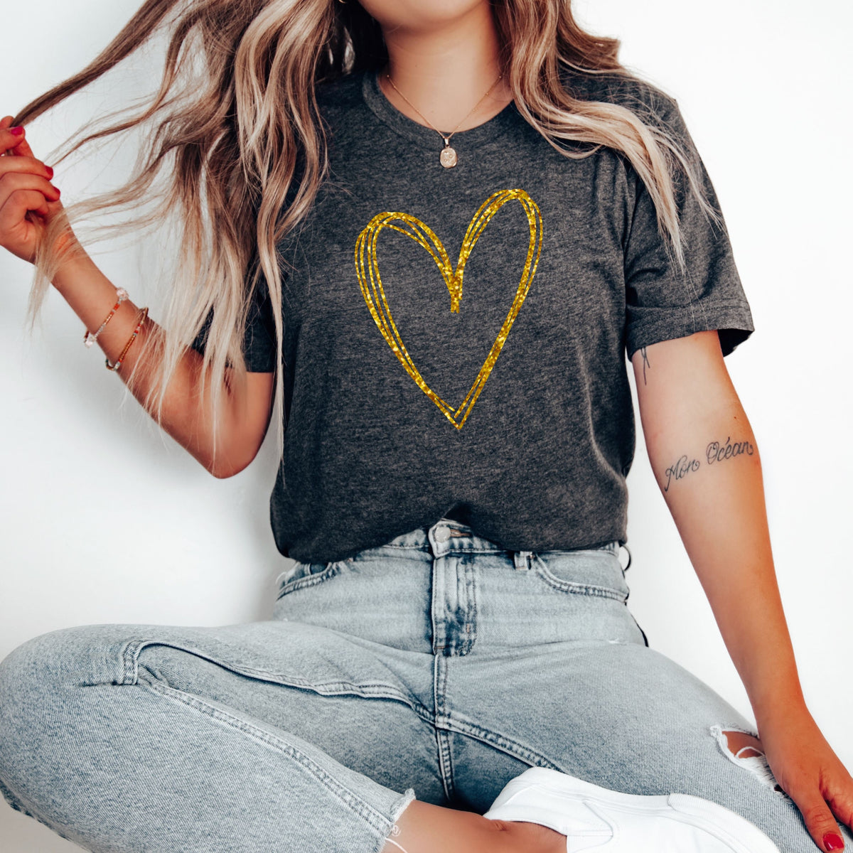 Sparkly Glitter Heart Tee, Lightweight Bella Canvas T-shirt, Minimalist Graphic Top