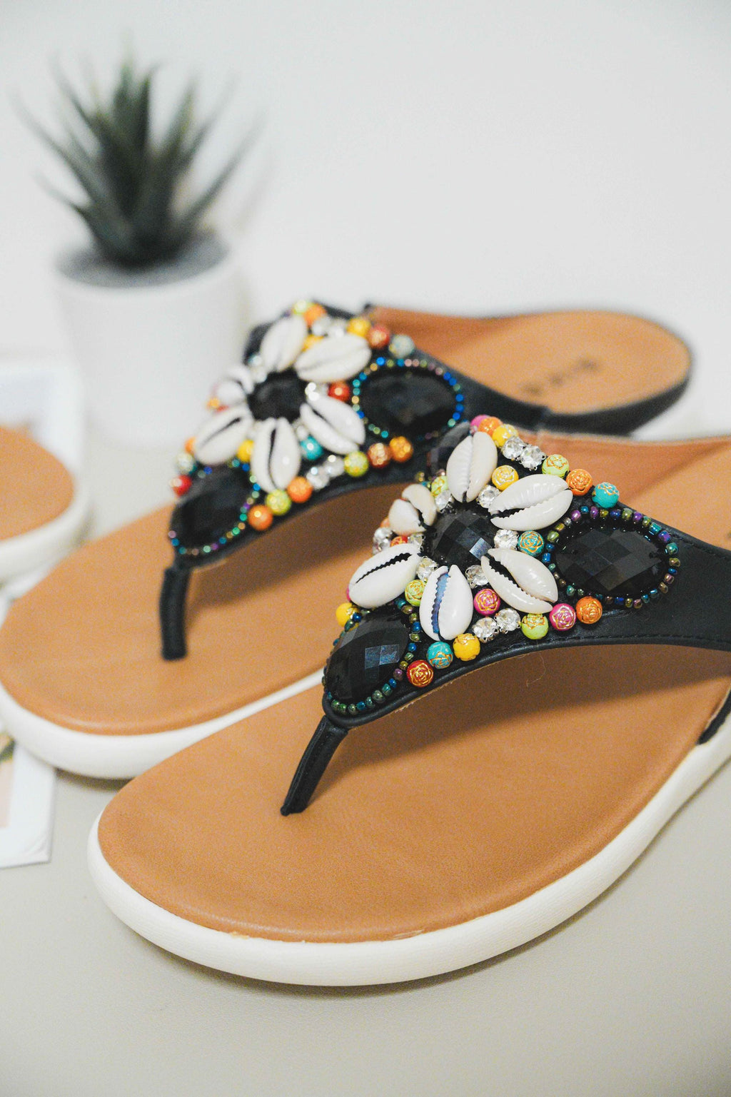 ShoGoGo - Women's Sandal | Comfortable | Colorful | Brown | Gifts for Her | Gemstones | Black | Flip Flops | Summer Shoe | Beach | Seashells