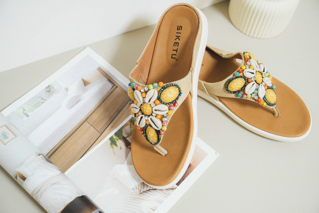 ShoGoGo - Women's Sandal | Comfortable | Colorful | Brown | Gifts for Her | Gemstones | Black | Flip Flops | Summer Shoe | Beach | Seashells