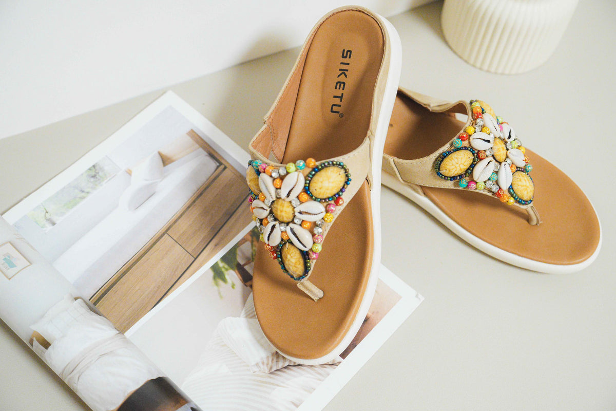 ShoGoGo - Women's Sandal | Comfortable | Colorful | Brown | Gifts for Her | Gemstones | Black | Flip Flops | Summer Shoe | Beach | Seashells
