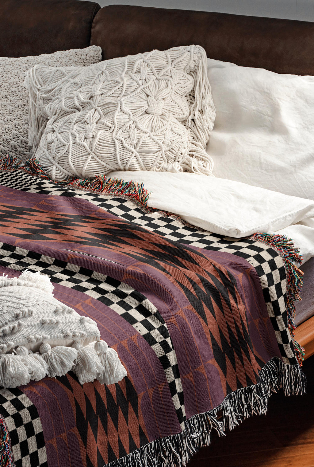 Checker And Diamonds Purple And Orange Boho Woven Cotton Throw Blankets