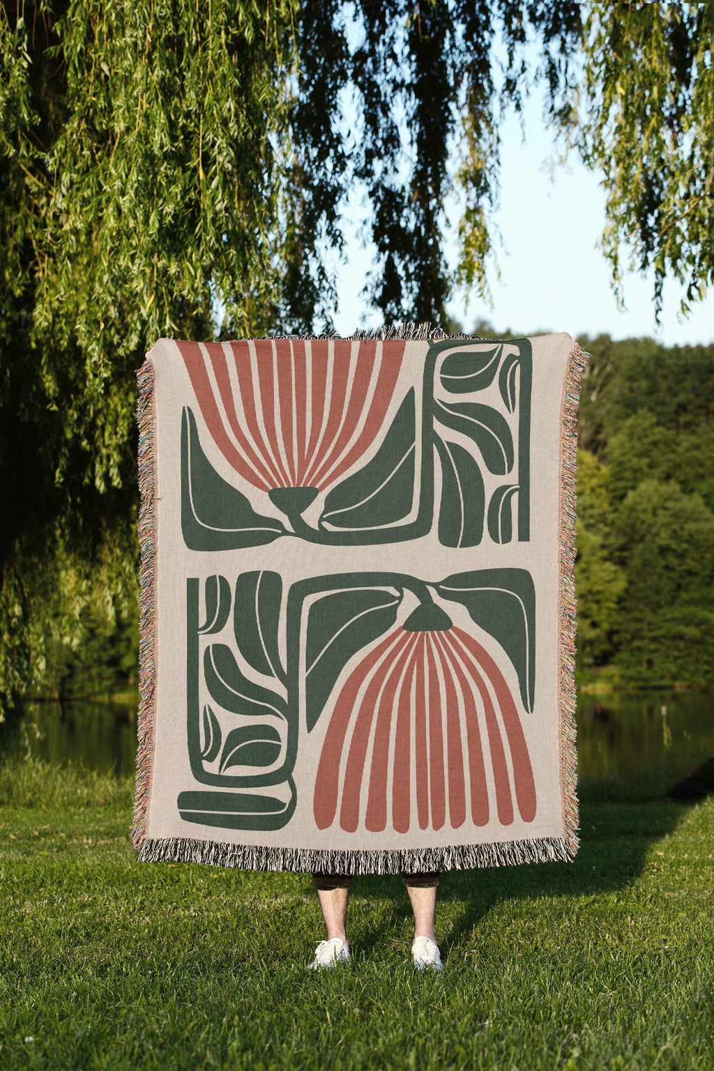 Beige Rust And Green 60s Hippie Matisse Floral Woven Blankets