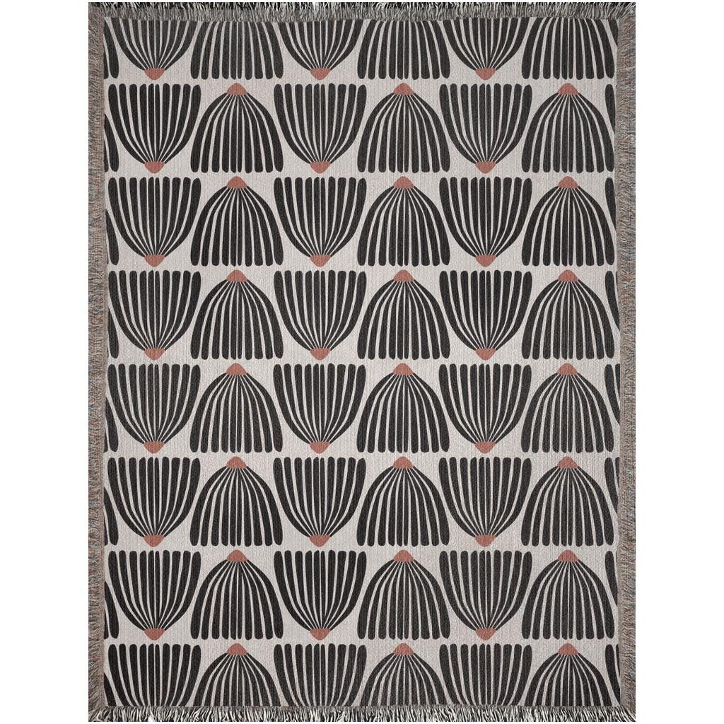 Mid Century Modern Black Flower Pattern Woven Cotton Throw Blankets