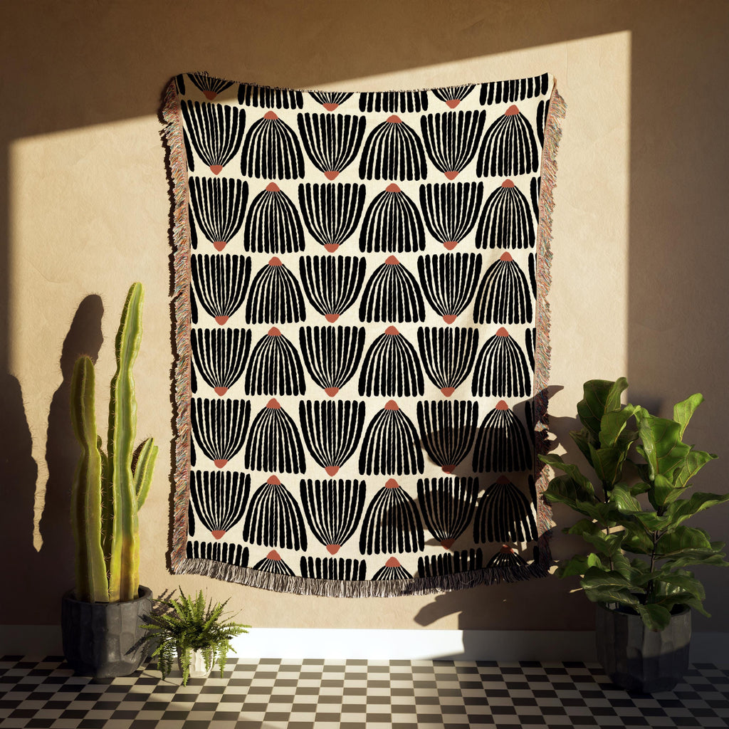 Mid Century Modern Black Flower Pattern Woven Cotton Throw Blankets