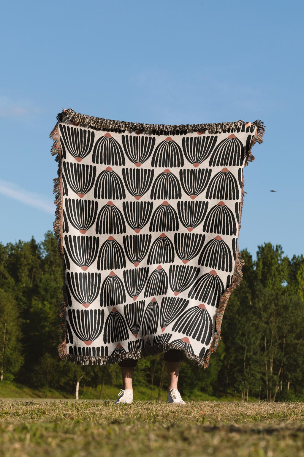 Mid Century Modern Black Flower Pattern Woven Cotton Throw Blankets