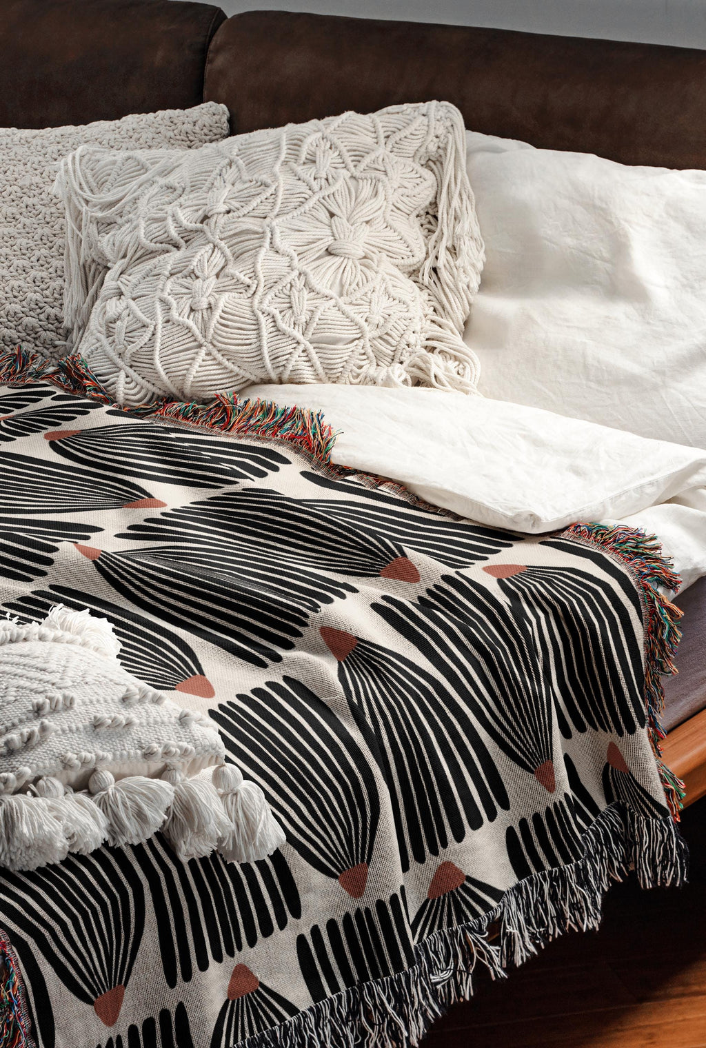 Mid Century Modern Black Flower Pattern Woven Cotton Throw Blankets
