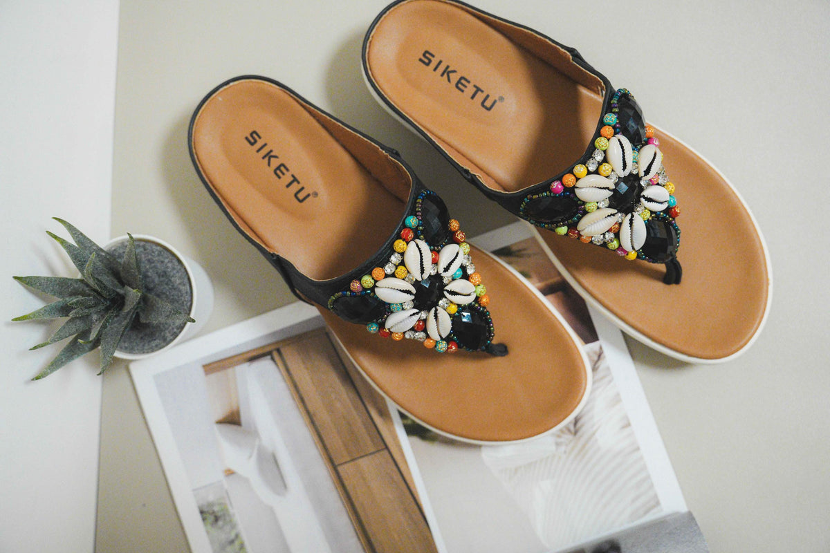 ShoGoGo - Women's Sandal | Comfortable | Colorful | Brown | Gifts for Her | Gemstones | Black | Flip Flops | Summer Shoe | Beach | Seashells