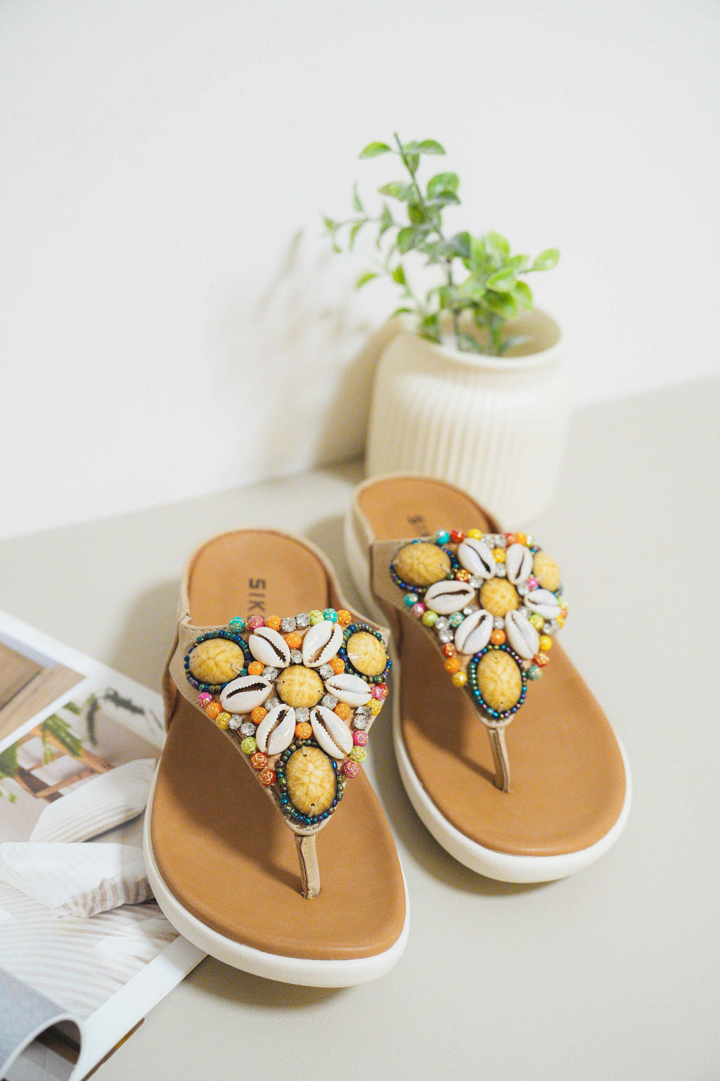 ShoGoGo - Women's Sandal | Comfortable | Colorful | Brown | Gifts for Her | Gemstones | Black | Flip Flops | Summer Shoe | Beach | Seashells