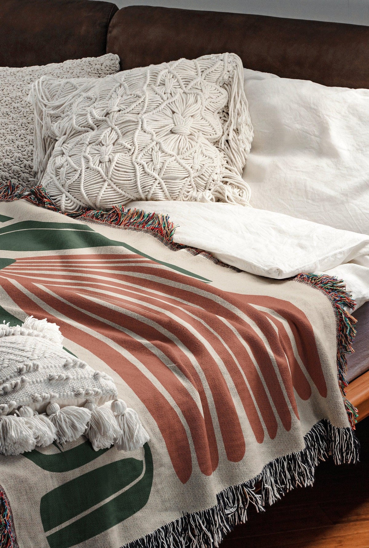 Beige Rust And Green 60s Hippie Matisse Floral Woven Blankets