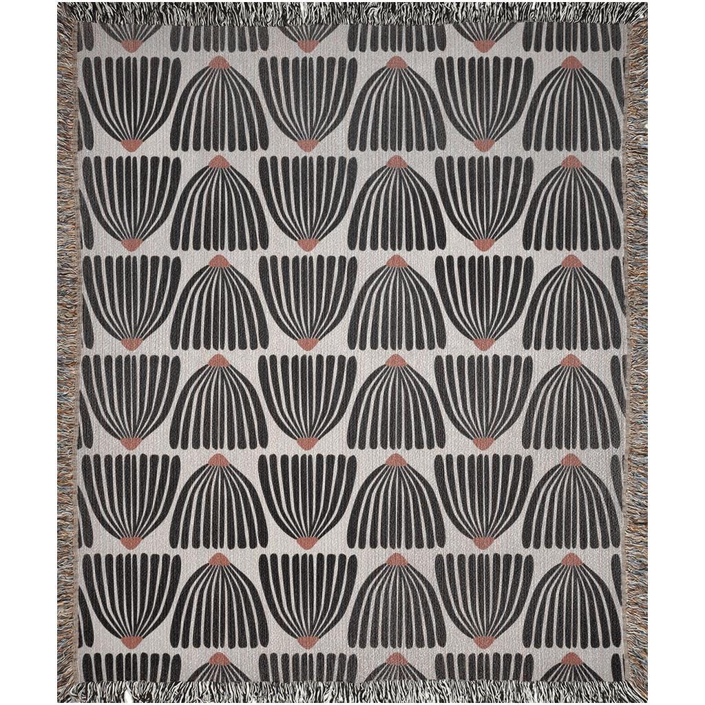 Mid Century Modern Black Flower Pattern Woven Cotton Throw Blankets