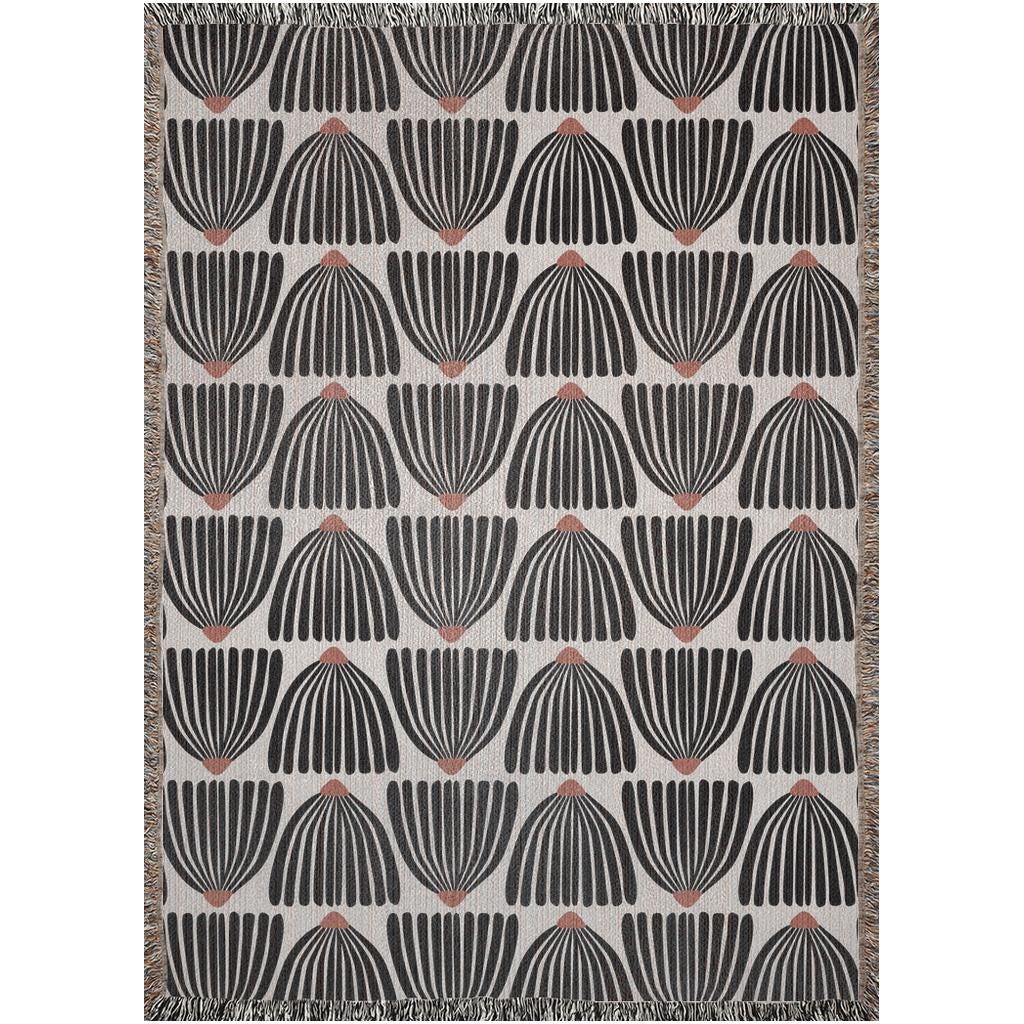 Mid Century Modern Black Flower Pattern Woven Cotton Throw Blankets