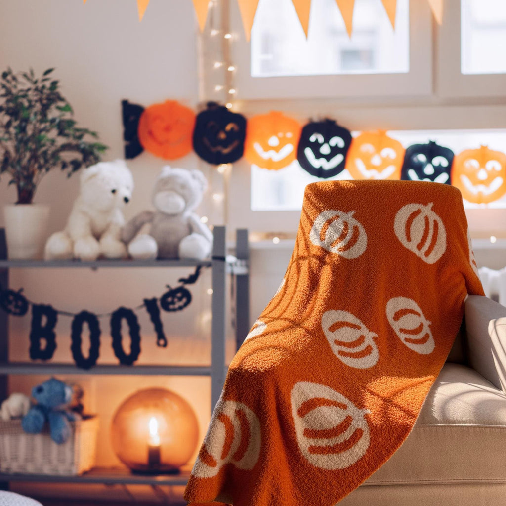 Pumpkin Throw Blanket, Fall Blanket, Halloween, Cozy, Ultrasoft, Plush, Strechy, Fluffy, Microfiber feather yarn, Two-sided, Reversible