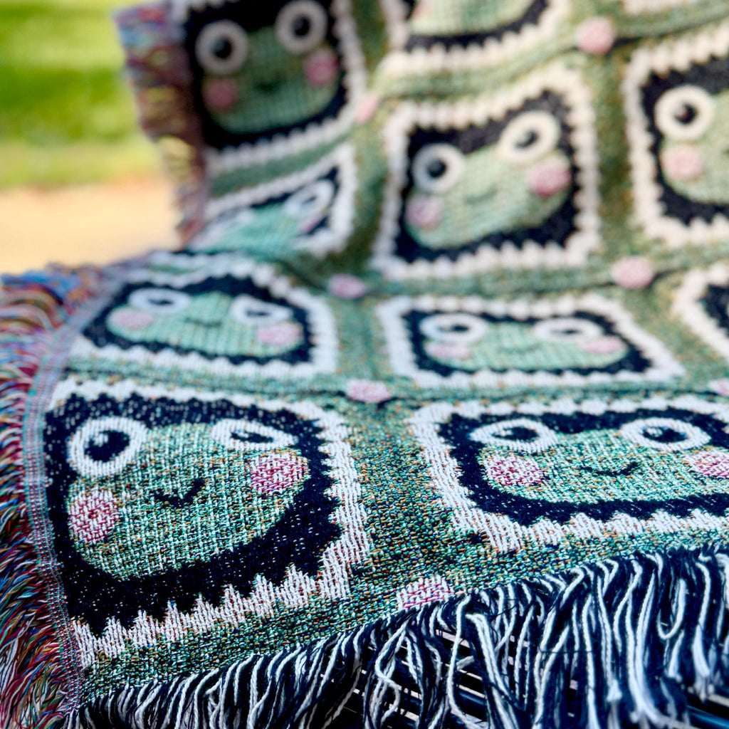 Cute Frog Granny Square Blanket Tapestry Wall Art, Woven Cotton Throw Blanket, Cottagecore Decor, Green Black White Pink