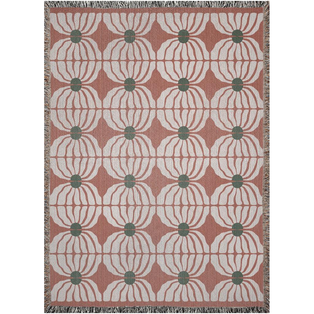 Retro Bloom Woven Cotton Blanket In Terracotta, Green, And White