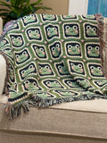 Cute Frog Granny Square Blanket Tapestry Wall Art, Woven Cotton Throw Blanket, Cottagecore Decor, Green Black White Pink