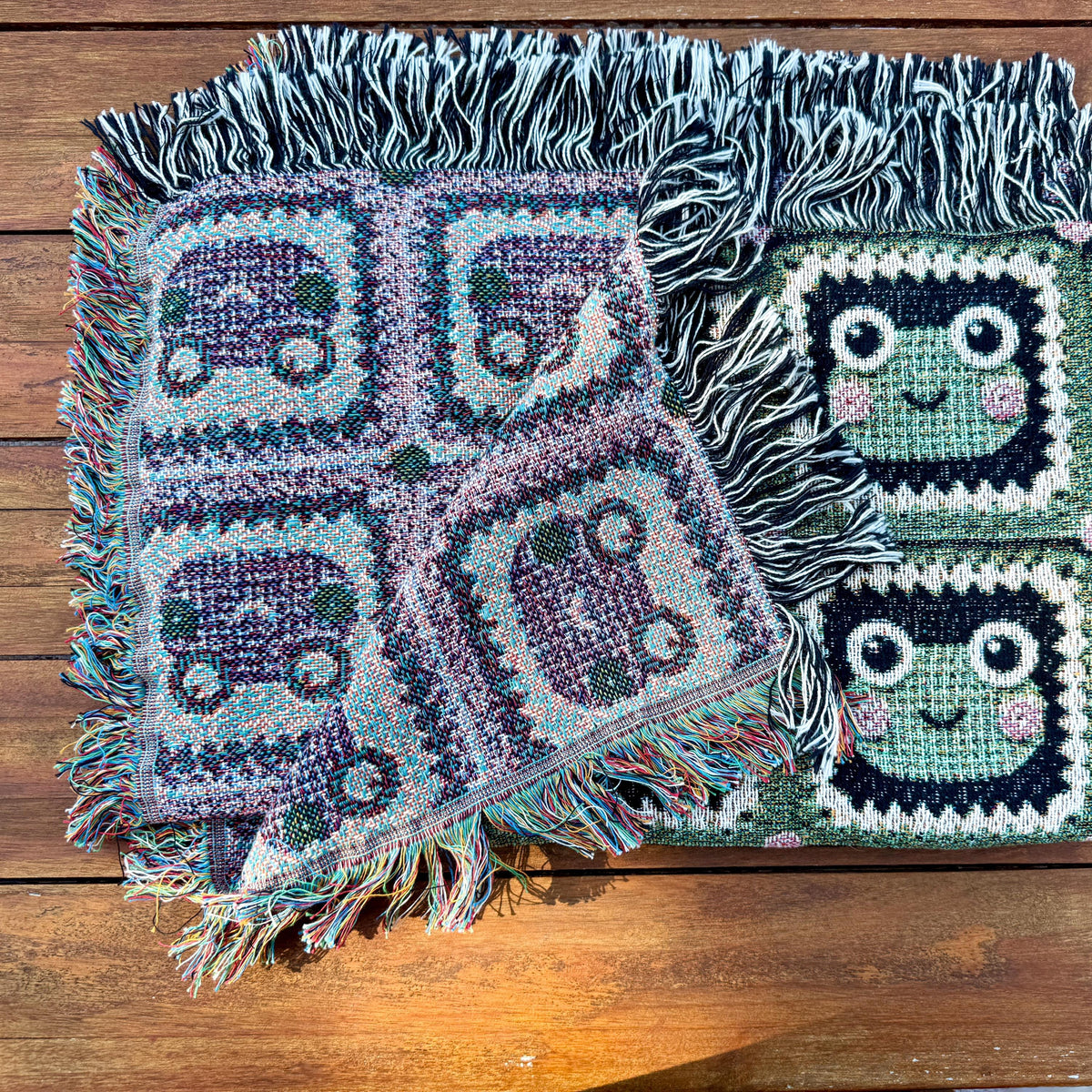 Cute Frog Granny Square Blanket Tapestry Wall Art, Woven Cotton Throw Blanket, Cottagecore Decor, Green Black White Pink