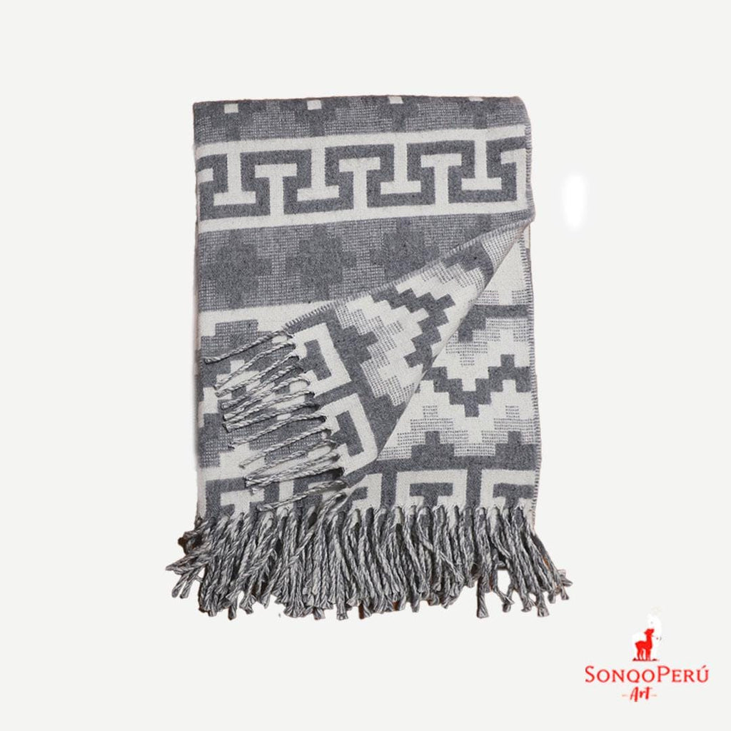 Handmade Alpaca Throw Blanket: Light Grey & Blue Luxury Wool