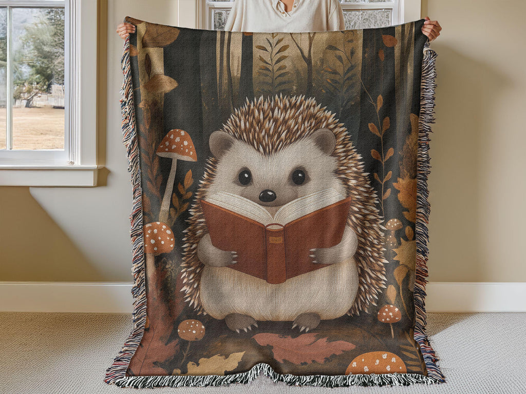 Hedgehog Reading Blanket: Forest Scene Woven Throw