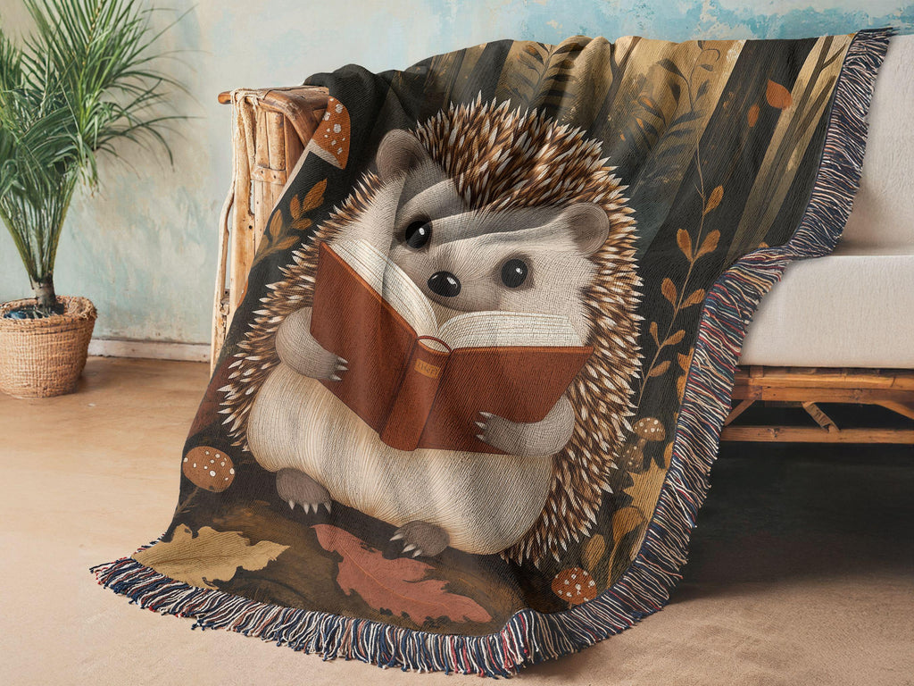 Hedgehog Reading Blanket: Forest Scene Woven Throw