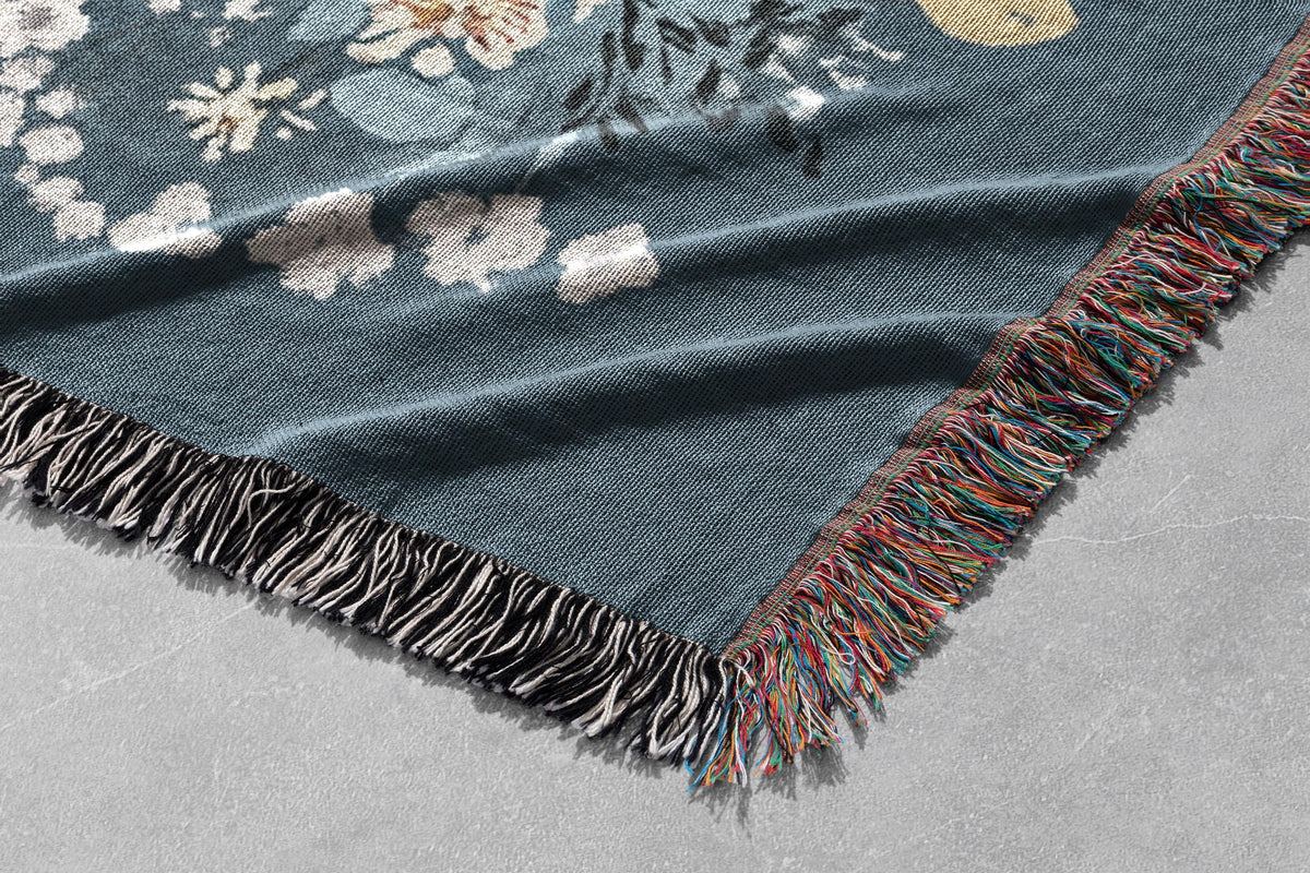 Fox and Floral Woven Blanket 100% Cotton with Enchanting Woodland Design, Cozy Decorative Throw for Nature and Animal Lovers, Cottagecore