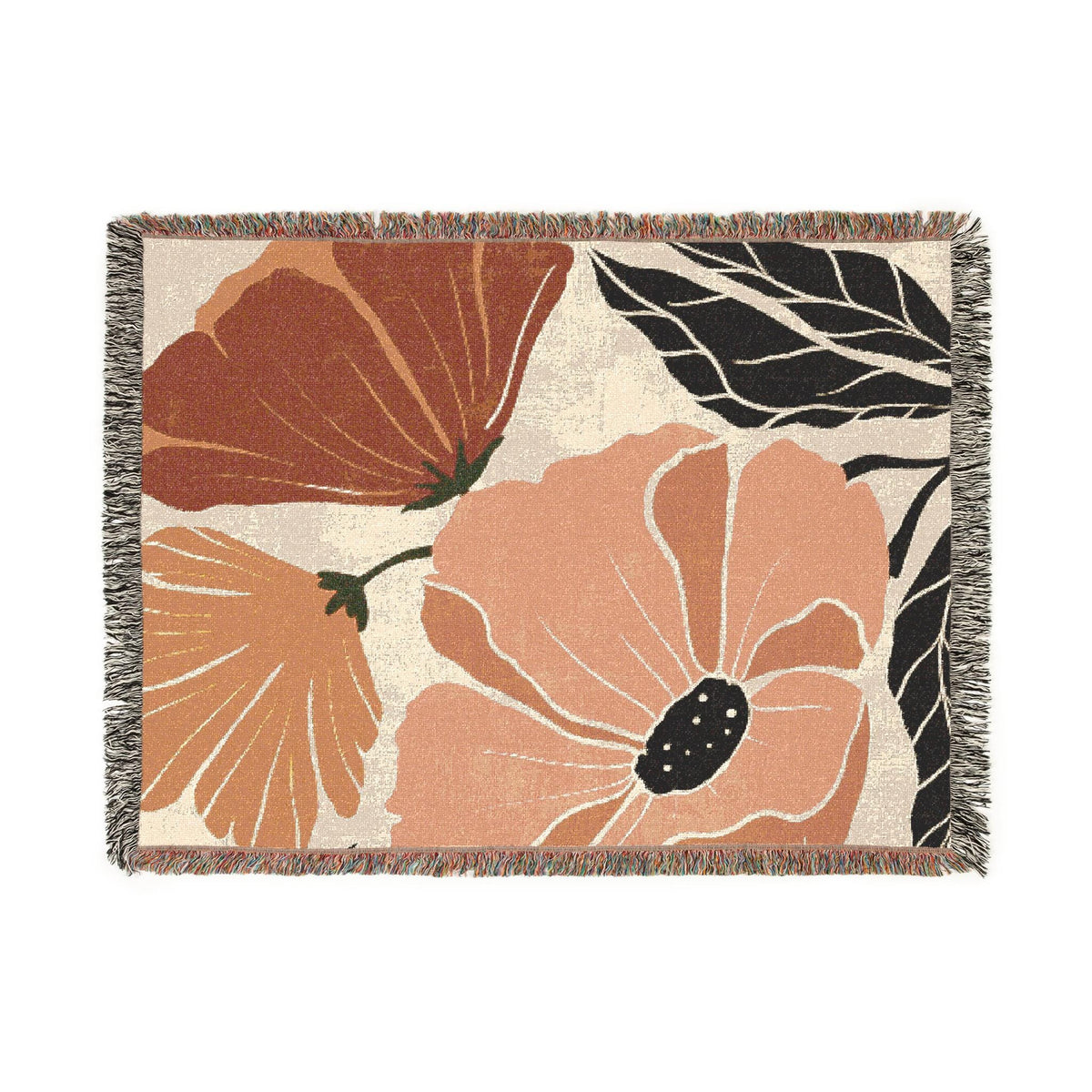 Boho Floral Woven Cotton Blanket: Colorful Fringed Throw