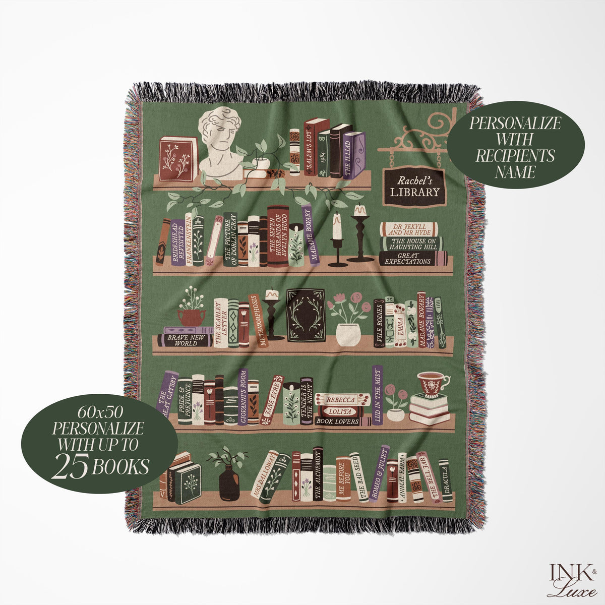 Personalized Bookshelf Woven Throw Blanket, Book Lover Gift, Gifts For Readers, Custom Reading Blanket, Bookish Tapestry Blanket, Book Nook