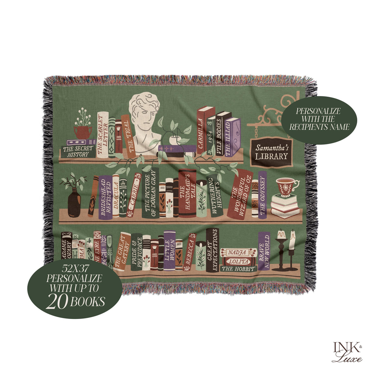 Personalized Bookshelf Woven Throw Blanket, Book Lover Gift, Gifts For Readers, Custom Reading Blanket, Bookish Tapestry Blanket, Book Nook