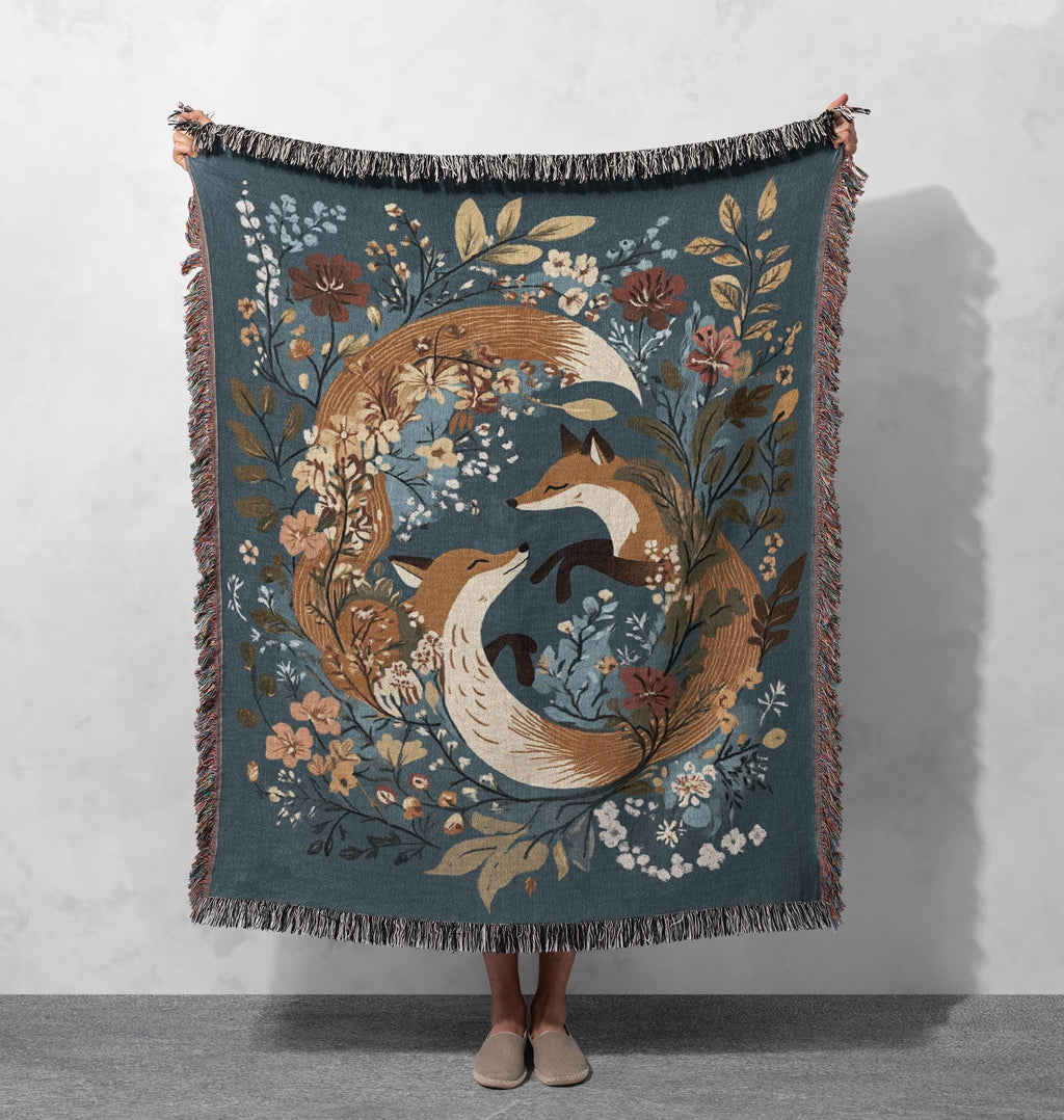 Fox and Floral Woven Blanket 100% Cotton with Enchanting Woodland Design, Cozy Decorative Throw for Nature and Animal Lovers, Cottagecore
