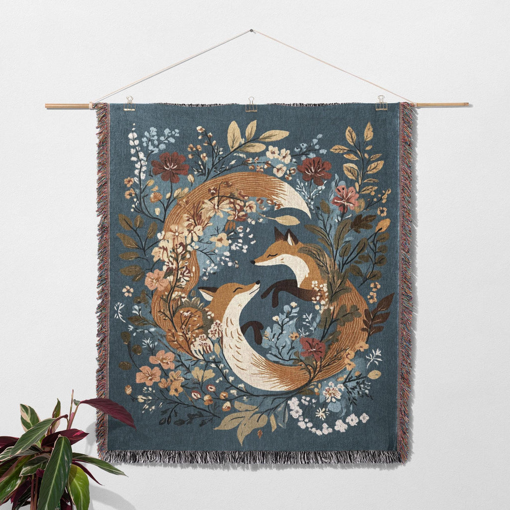 Fox and Floral Woven Blanket 100% Cotton with Enchanting Woodland Design, Cozy Decorative Throw for Nature and Animal Lovers, Cottagecore