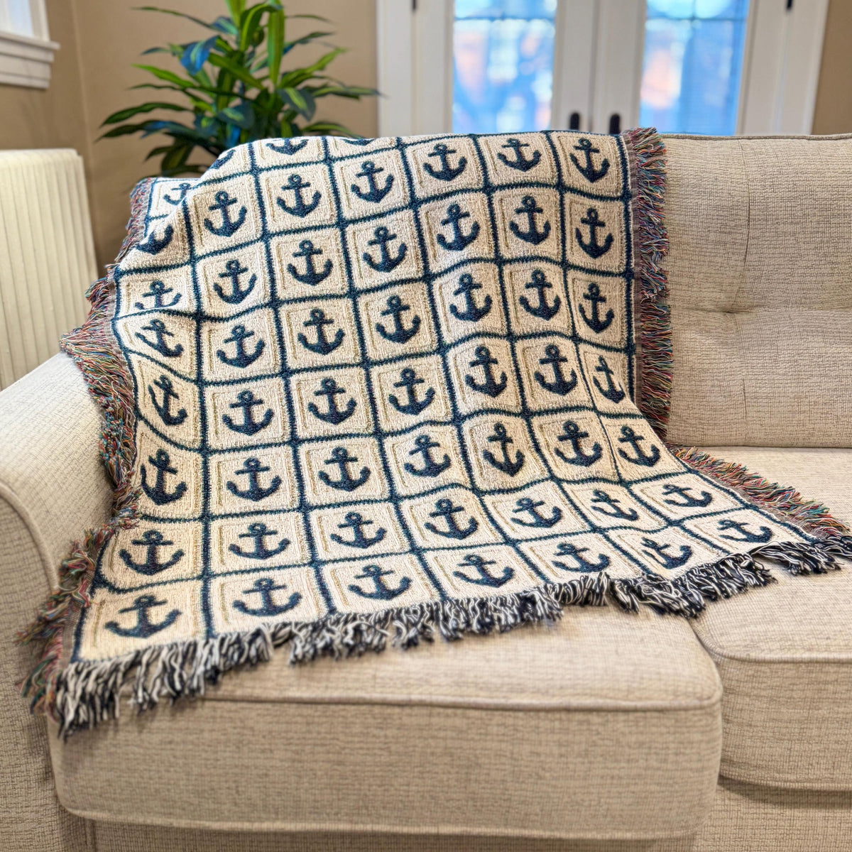 Woven Cotton Anchor Throw Blanket, Coastal Nautical Decor Beach House Wall Tapestry Made in the USA
