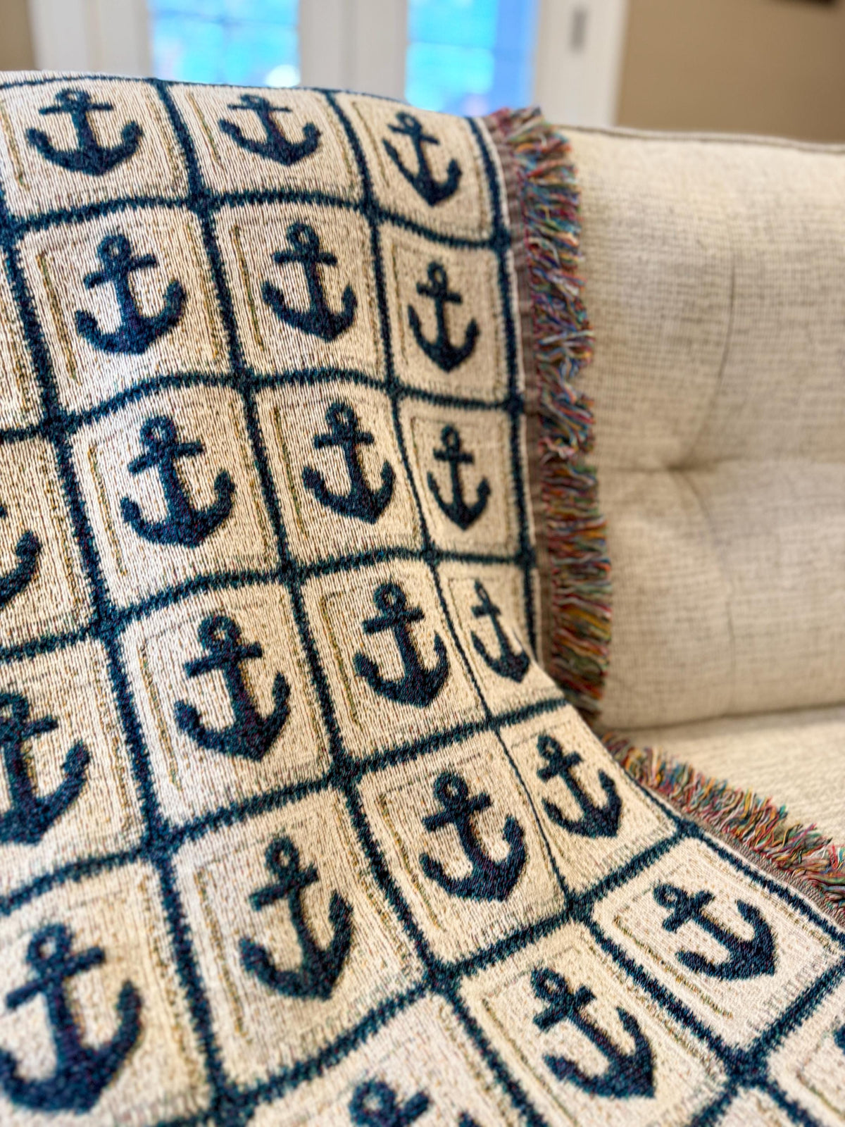 Woven Cotton Anchor Throw Blanket, Coastal Nautical Decor Beach House Wall Tapestry Made in the USA