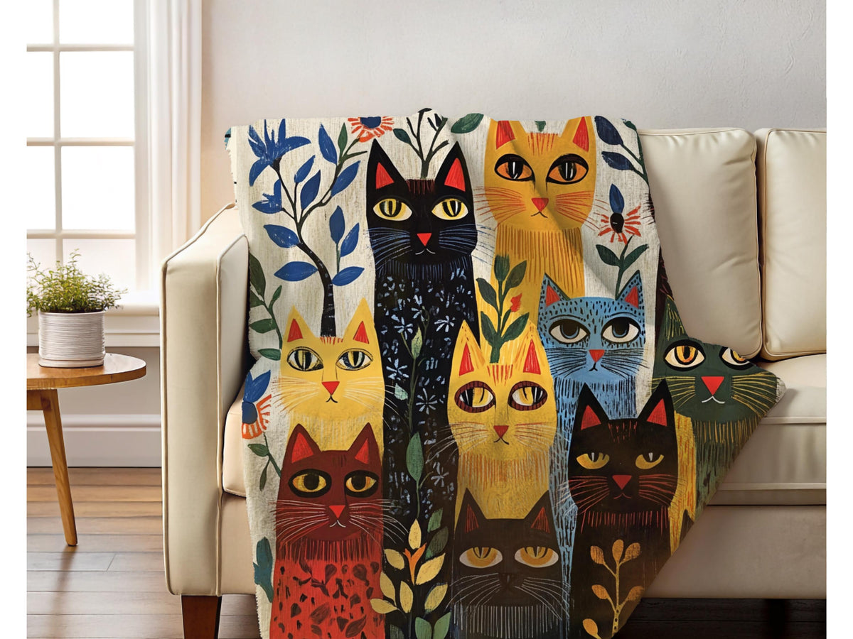 Cat Folk Art Velveteen Plush Blanket: Cottagecore Throw