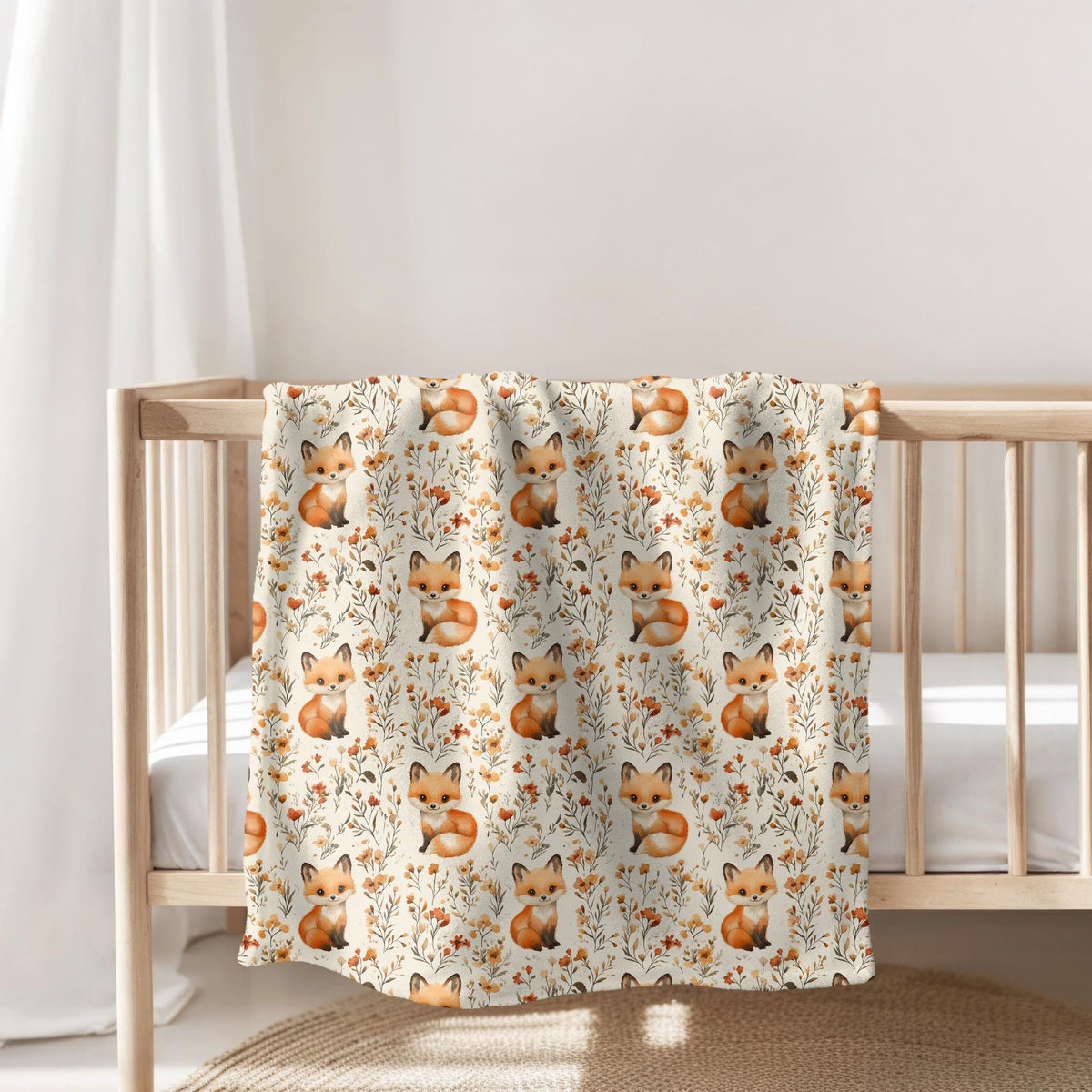 Cute Fox Blanket, Fox Baby Blanket, Soft Velveteen Plush Blanket, Cozy Throw, Floral Throw, Woodland Animal Nursery, Cute Animal Baby Foxes