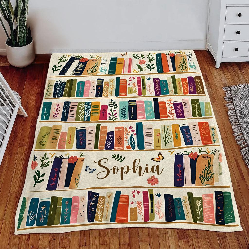 Vintage Bookshelf Library Throw Blanket, Cottagecore Book Wildlowers Blanket Gift For Book Lover Library Gift Floral Bookish Gift For Reader