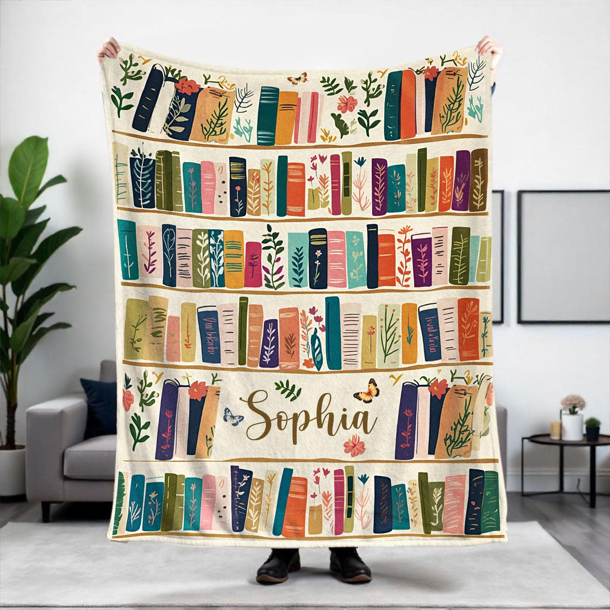Vintage Bookshelf Library Throw Blanket, Cottagecore Book Wildlowers Blanket Gift For Book Lover Library Gift Floral Bookish Gift For Reader