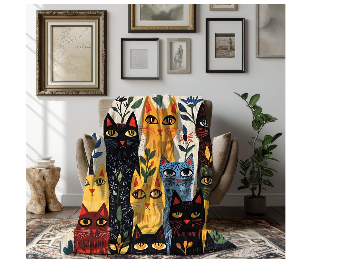Cat Folk Art Velveteen Plush Blanket: Cottagecore Throw