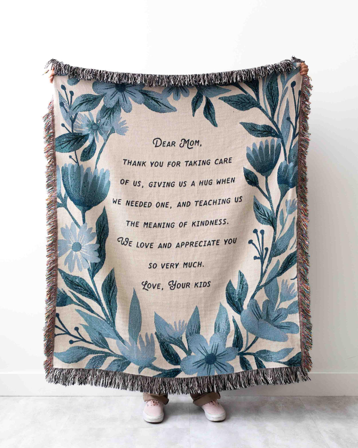 Letter Gift Blanket: Present for Mom or Wife, Woven Throw for Grandma, Valentines, Grandparent, Wedding, Anniversary, Blue Floral Neutral