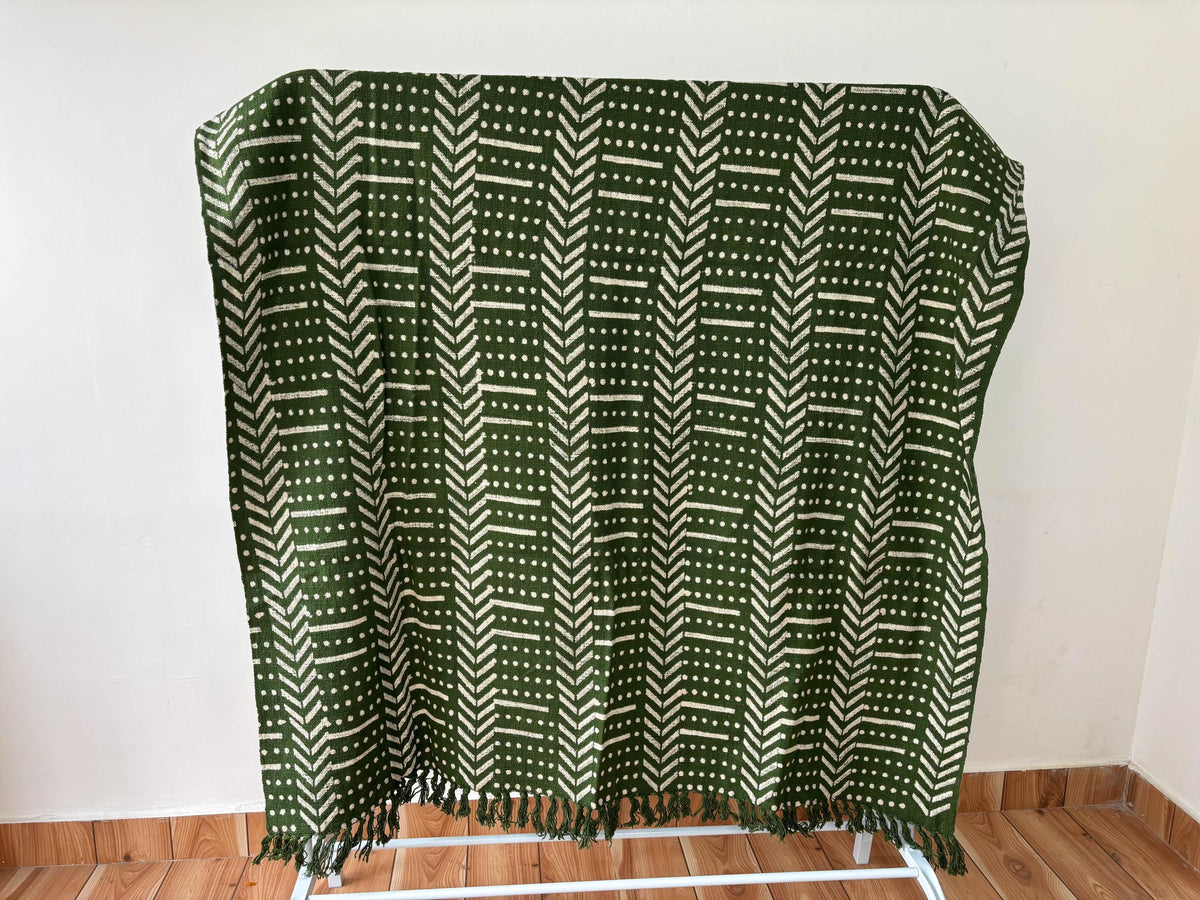 Rust Cotton Throw Blanket: Hand Block Printed Mud Cloth with Tassels